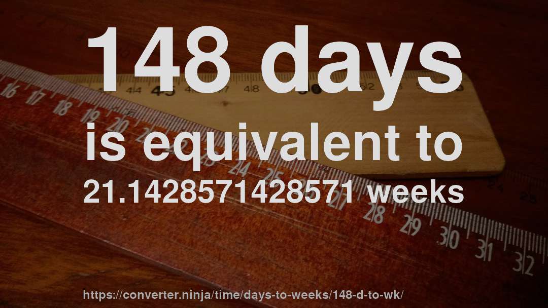 148 days is equivalent to 21.1428571428571 weeks