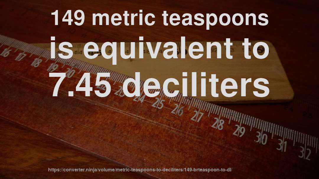 149 metric teaspoons is equivalent to 7.45 deciliters