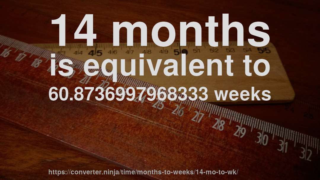 14 months is equivalent to 60.8736997968333 weeks