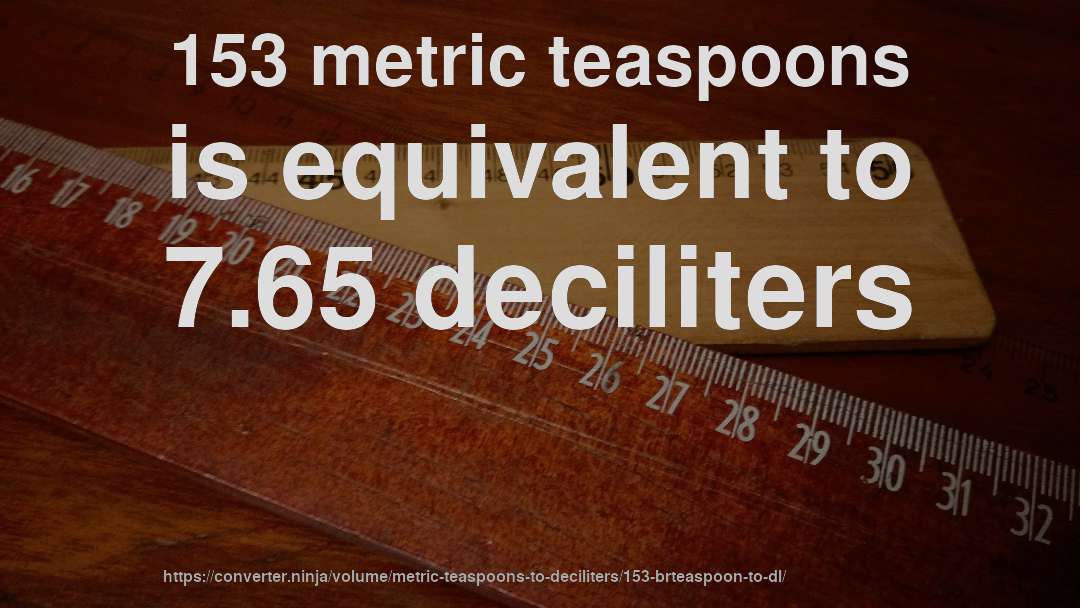 153 metric teaspoons is equivalent to 7.65 deciliters
