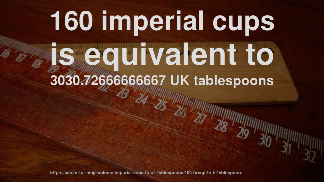 160 imperial cups is equivalent to 3030.72666666667 UK tablespoons