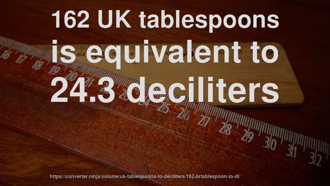 162 UK tablespoons is equivalent to 24.3 deciliters