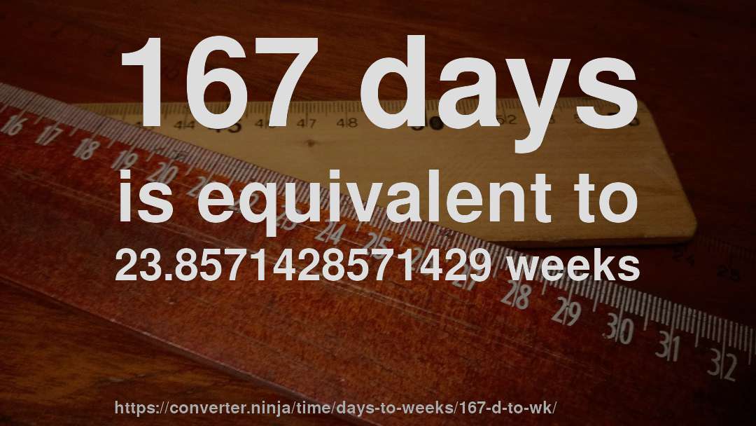 167 days is equivalent to 23.8571428571429 weeks
