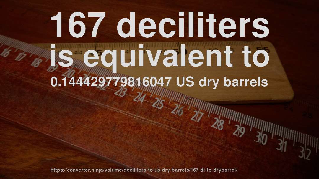 167 deciliters is equivalent to 0.144429779816047 US dry barrels
