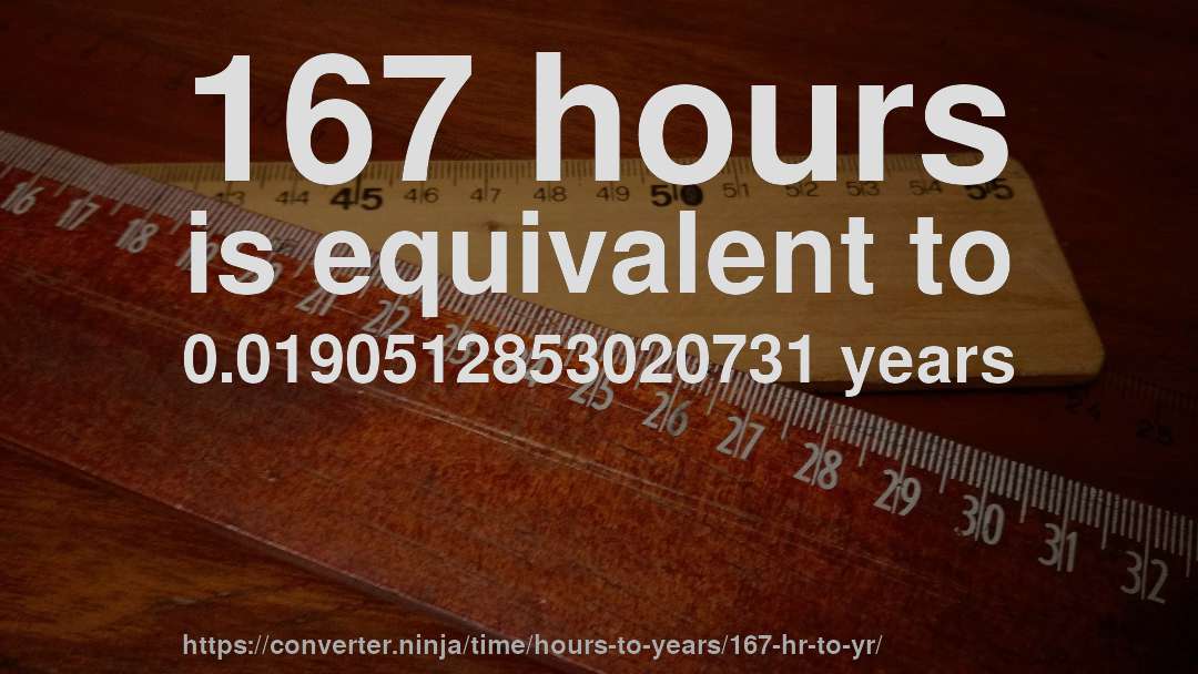 167 hours is equivalent to 0.0190512853020731 years