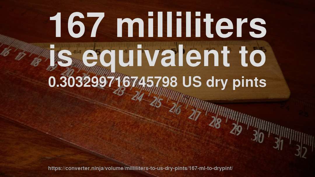 167 milliliters is equivalent to 0.303299716745798 US dry pints