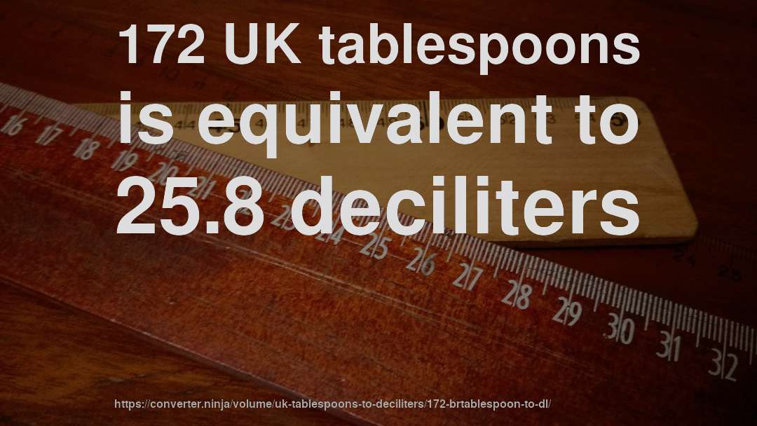 172 UK tablespoons is equivalent to 25.8 deciliters
