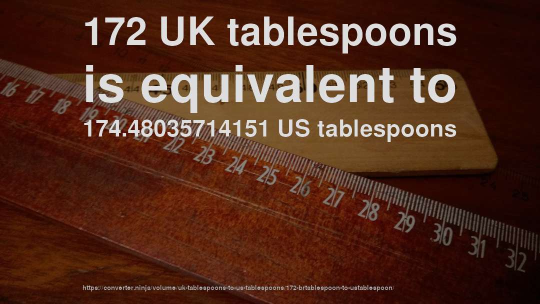172 UK tablespoons is equivalent to 174.48035714151 US tablespoons