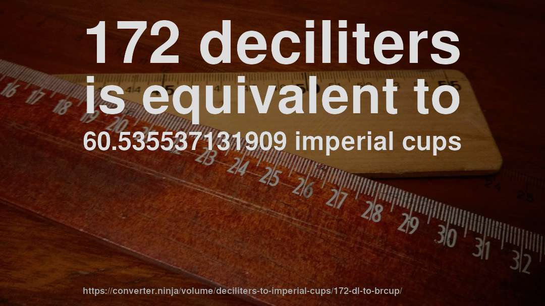 172 deciliters is equivalent to 60.535537131909 imperial cups