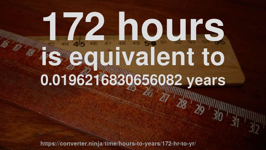 172 hours is equivalent to 0.0196216830656082 years