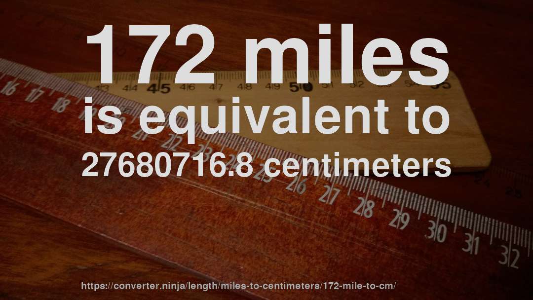 172 miles is equivalent to 27680716.8 centimeters