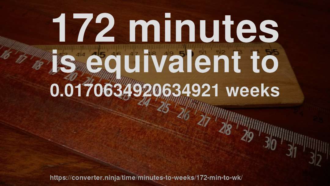 172 minutes is equivalent to 0.0170634920634921 weeks