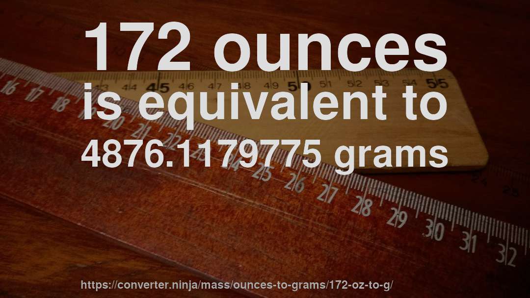 172 ounces is equivalent to 4876.1179775 grams