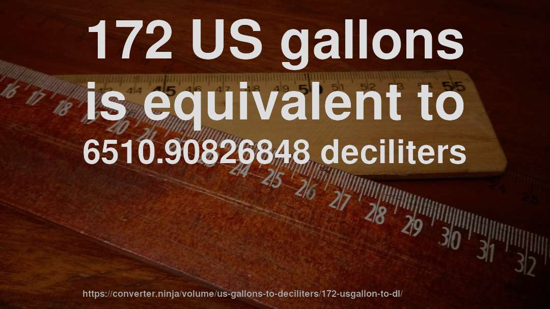 172 US gallons is equivalent to 6510.90826848 deciliters