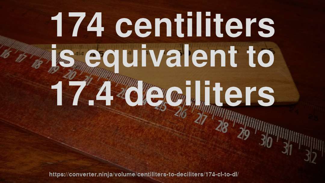 174 centiliters is equivalent to 17.4 deciliters