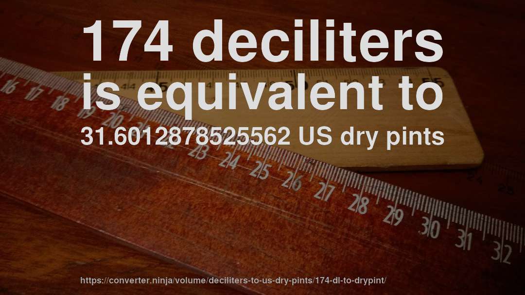 174 deciliters is equivalent to 31.6012878525562 US dry pints