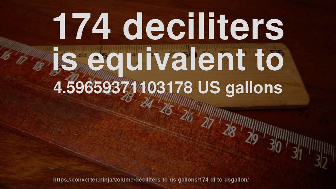 174 deciliters is equivalent to 4.59659371103178 US gallons