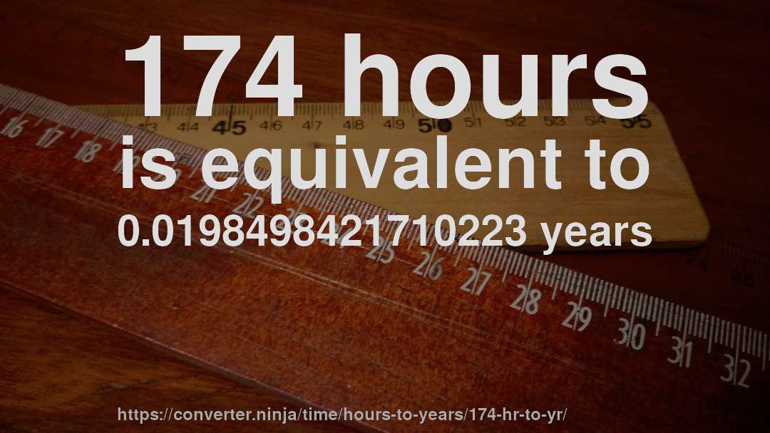 174 hours is equivalent to 0.0198498421710223 years