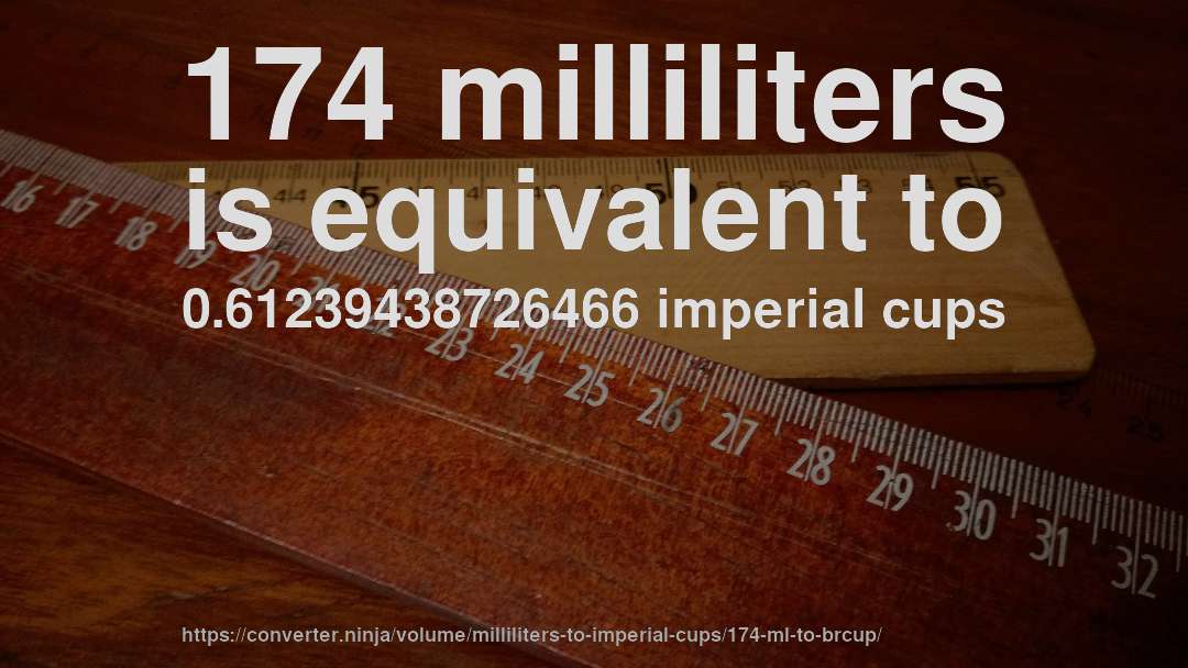 174 milliliters is equivalent to 0.61239438726466 imperial cups