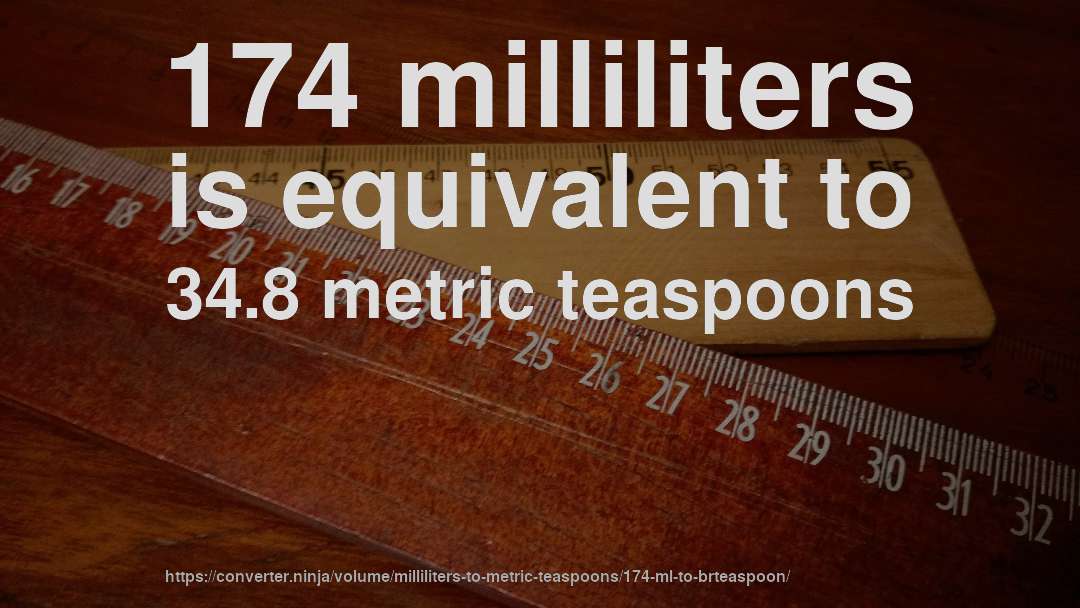174 milliliters is equivalent to 34.8 metric teaspoons