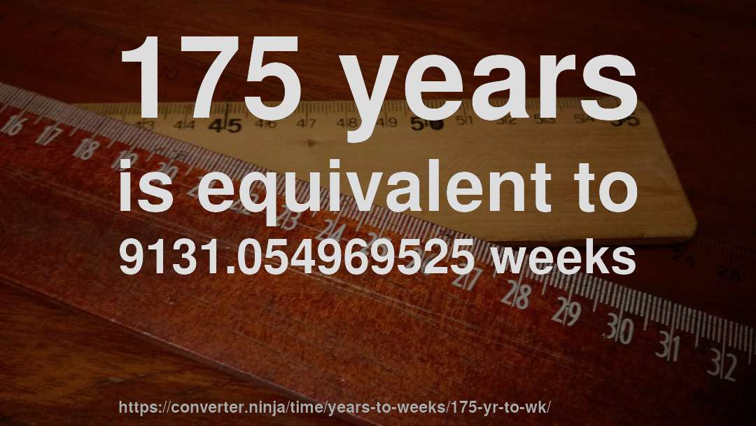 175 years is equivalent to 9131.054969525 weeks