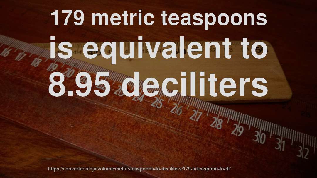 179 metric teaspoons is equivalent to 8.95 deciliters