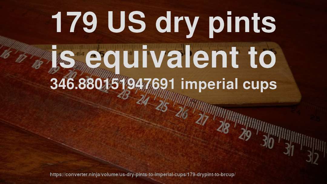 179 US dry pints is equivalent to 346.880151947691 imperial cups