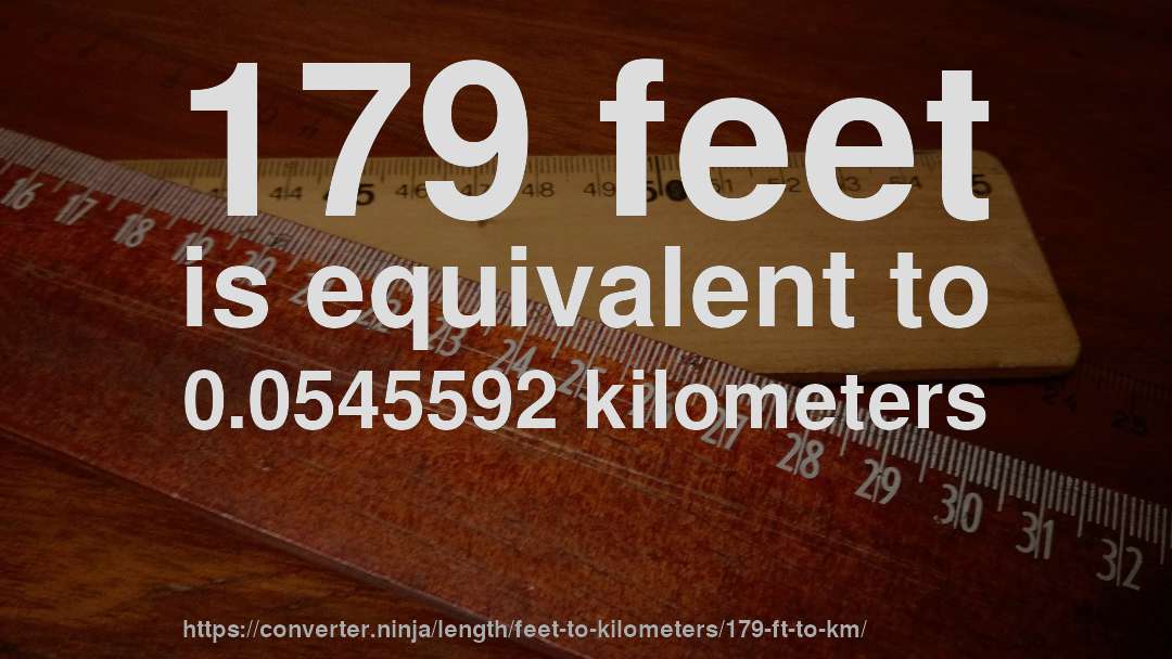 179 feet is equivalent to 0.0545592 kilometers