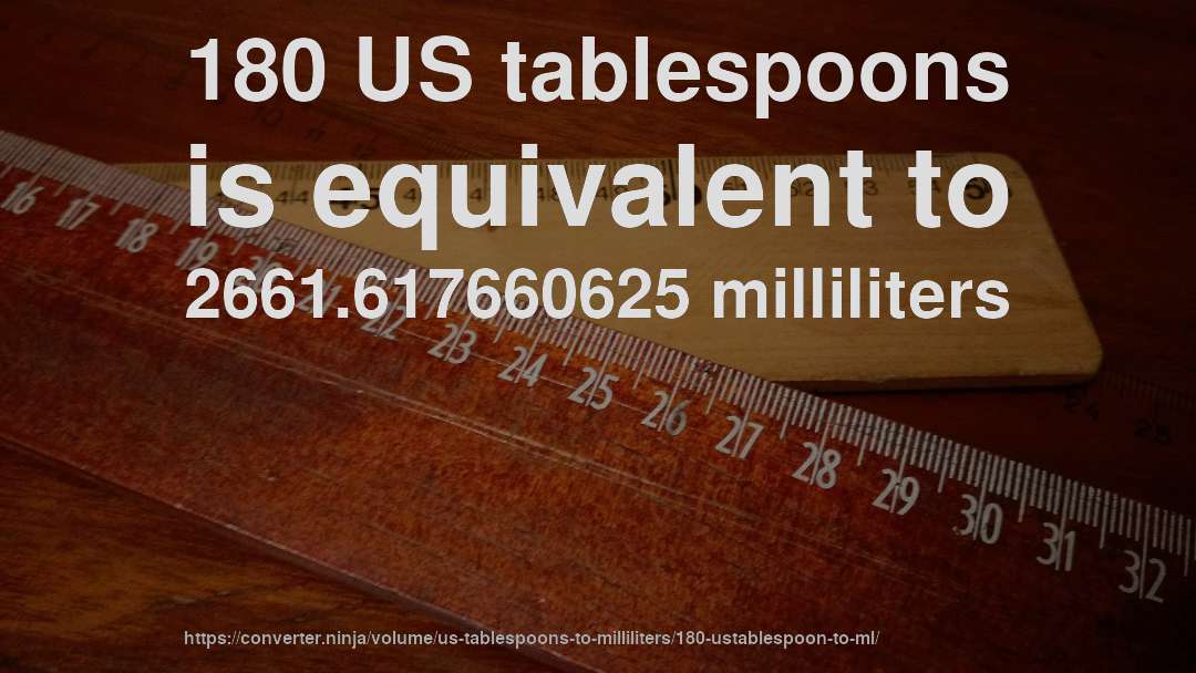 180 US tablespoons is equivalent to 2661.617660625 milliliters