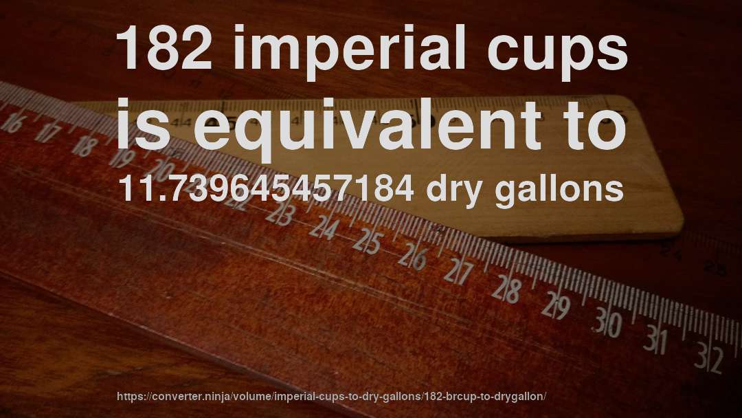 182 imperial cups is equivalent to 11.739645457184 dry gallons