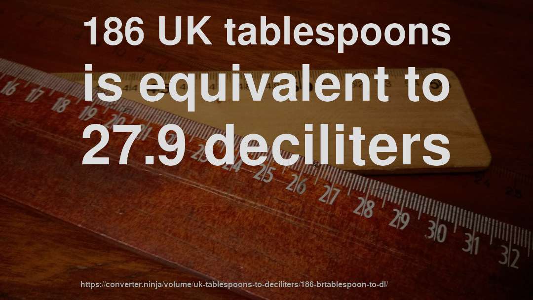 186 UK tablespoons is equivalent to 27.9 deciliters