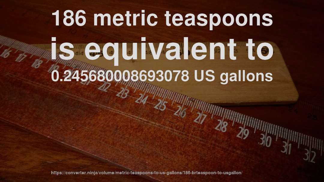 186 metric teaspoons is equivalent to 0.245680008693078 US gallons