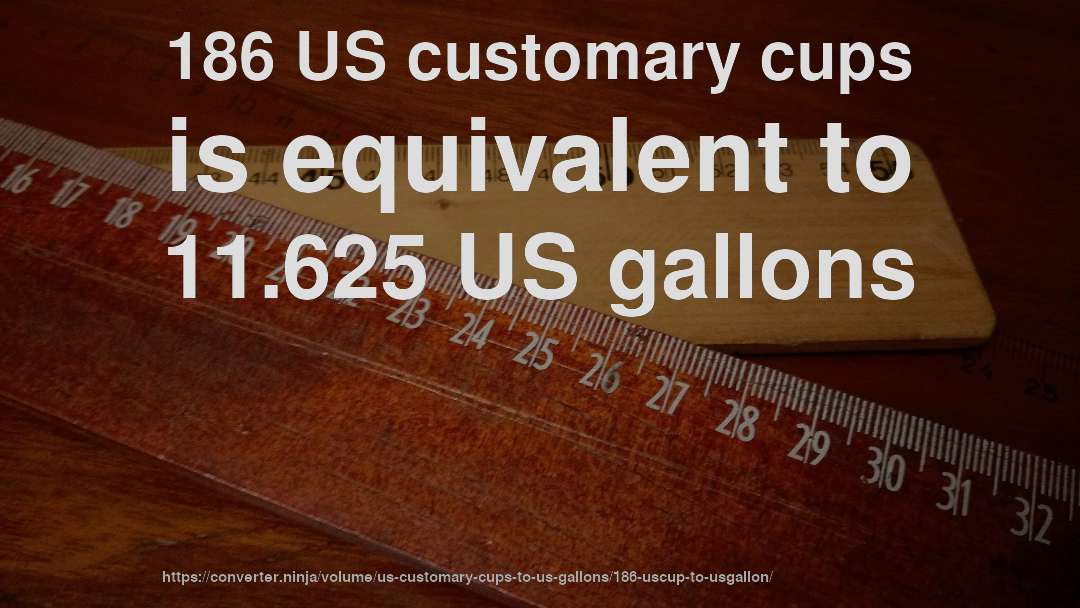 186 US customary cups is equivalent to 11.625 US gallons