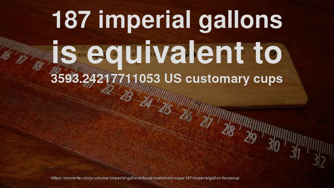 187 imperial gallons is equivalent to 3593.24217711053 US customary cups
