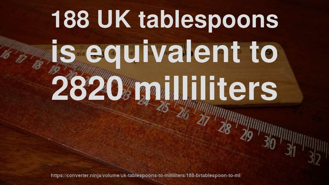 188 UK tablespoons is equivalent to 2820 milliliters