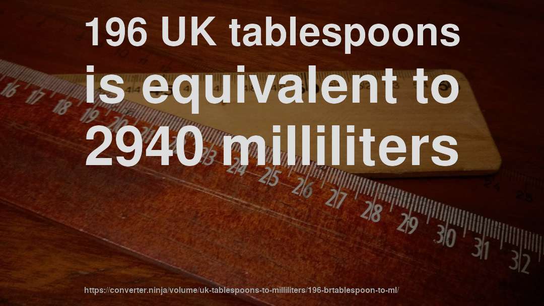 196 UK tablespoons is equivalent to 2940 milliliters