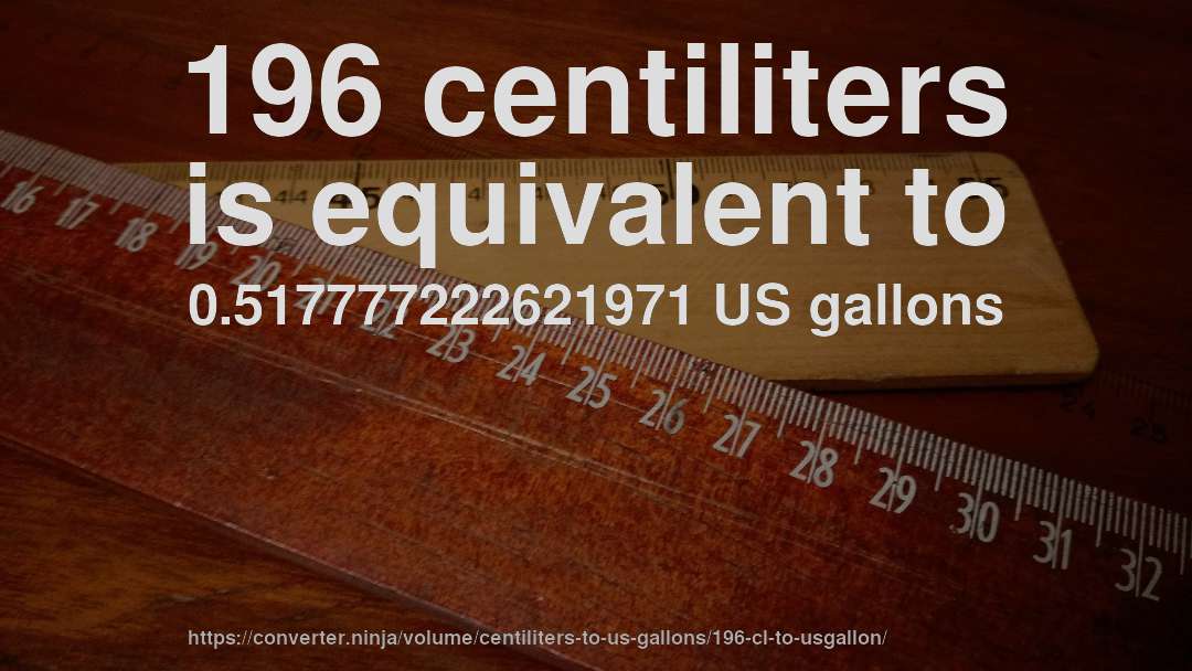 196 centiliters is equivalent to 0.517777222621971 US gallons