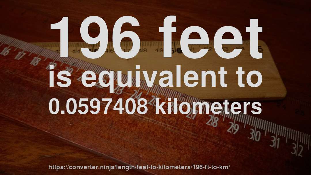 196 feet is equivalent to 0.0597408 kilometers