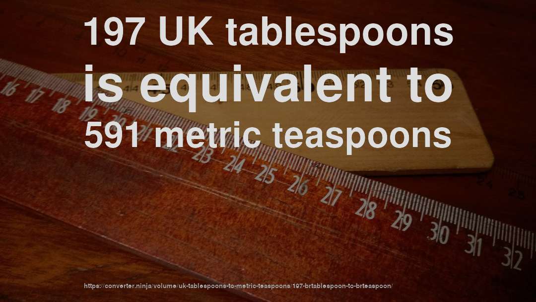 197 UK tablespoons is equivalent to 591 metric teaspoons
