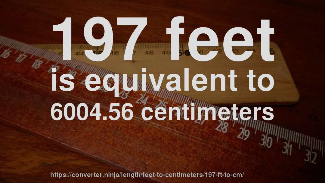 197 feet is equivalent to 6004.56 centimeters