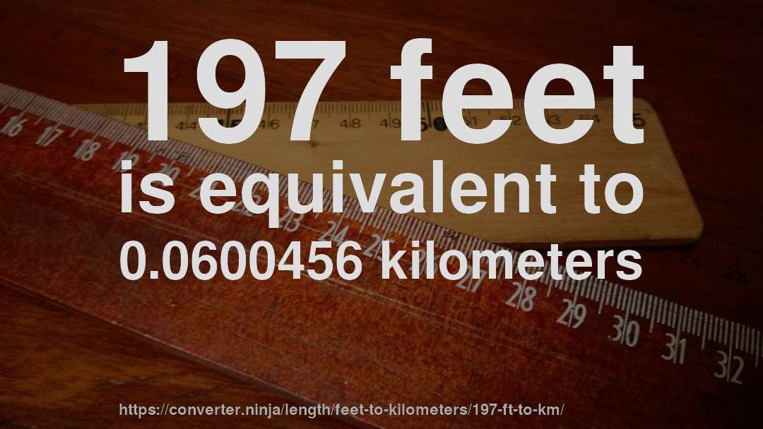 197 feet is equivalent to 0.0600456 kilometers