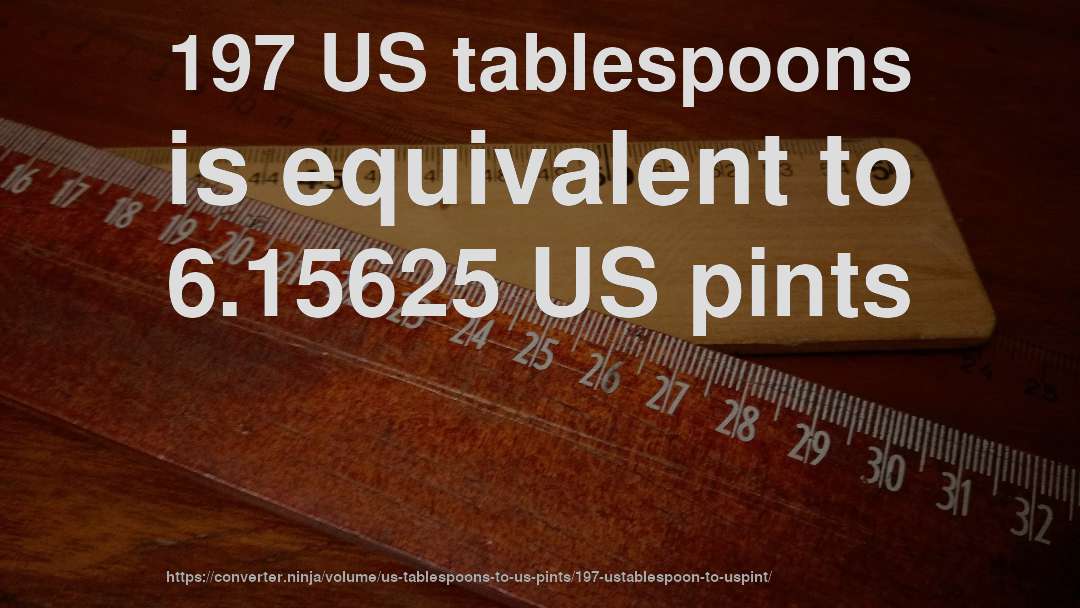 197 US tablespoons is equivalent to 6.15625 US pints
