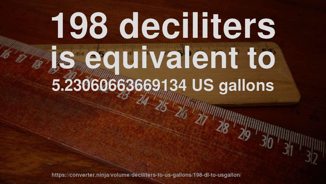 198 deciliters is equivalent to 5.23060663669134 US gallons