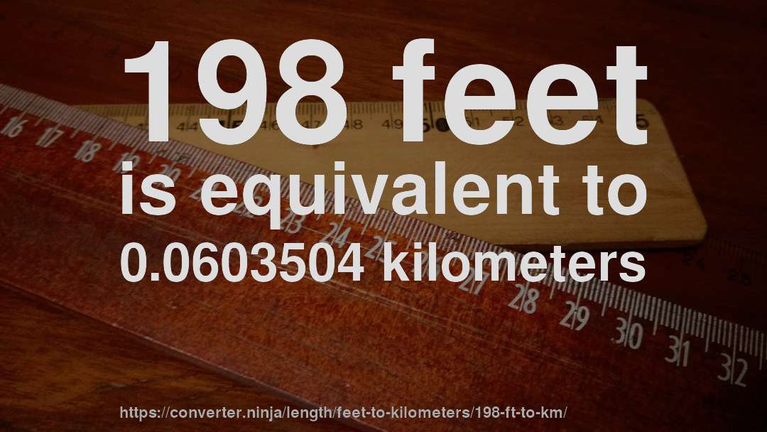 198 feet is equivalent to 0.0603504 kilometers