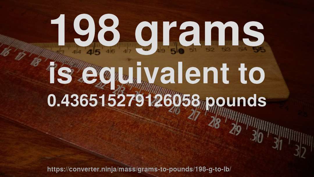 198 grams is equivalent to 0.436515279126058 pounds