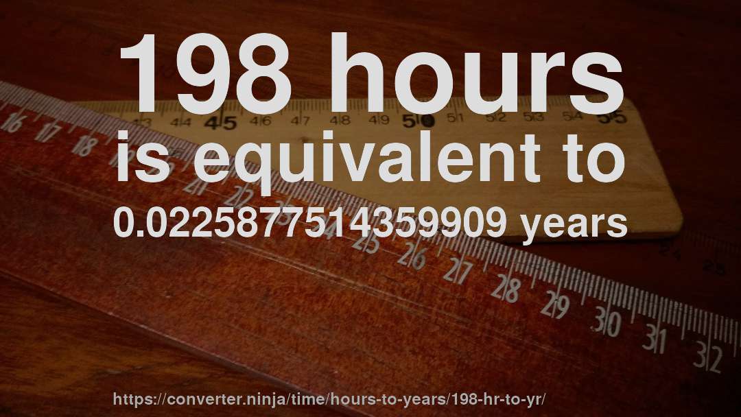 198 hours is equivalent to 0.0225877514359909 years