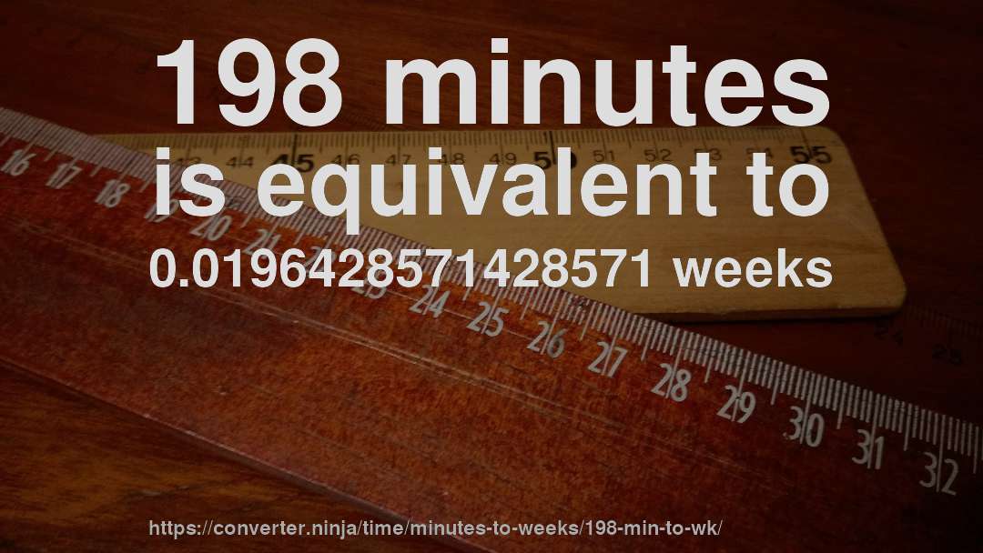 198 minutes is equivalent to 0.0196428571428571 weeks