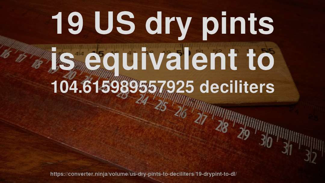 19 US dry pints is equivalent to 104.615989557925 deciliters