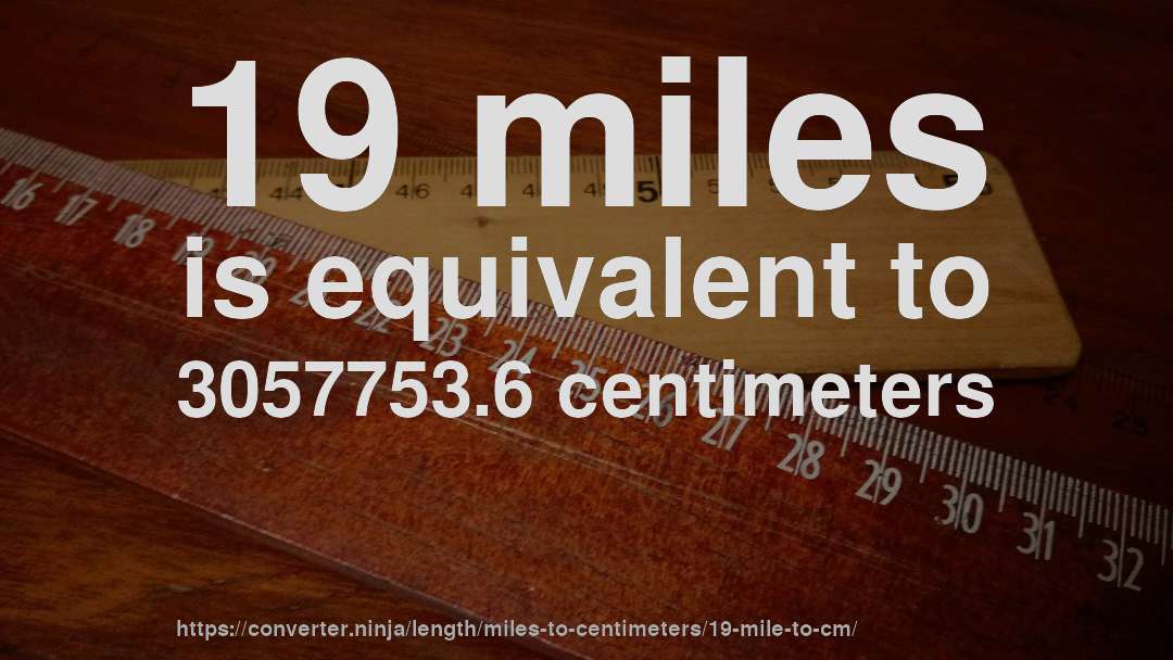 19 miles is equivalent to 3057753.6 centimeters
