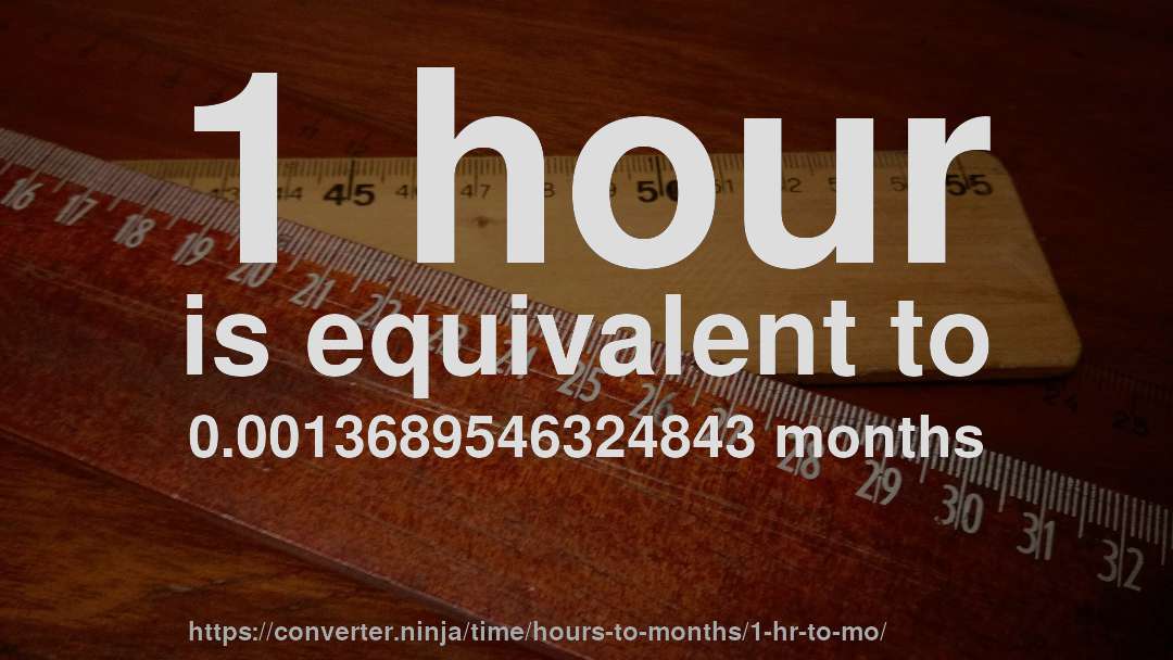 1 hour is equivalent to 0.0013689546324843 months